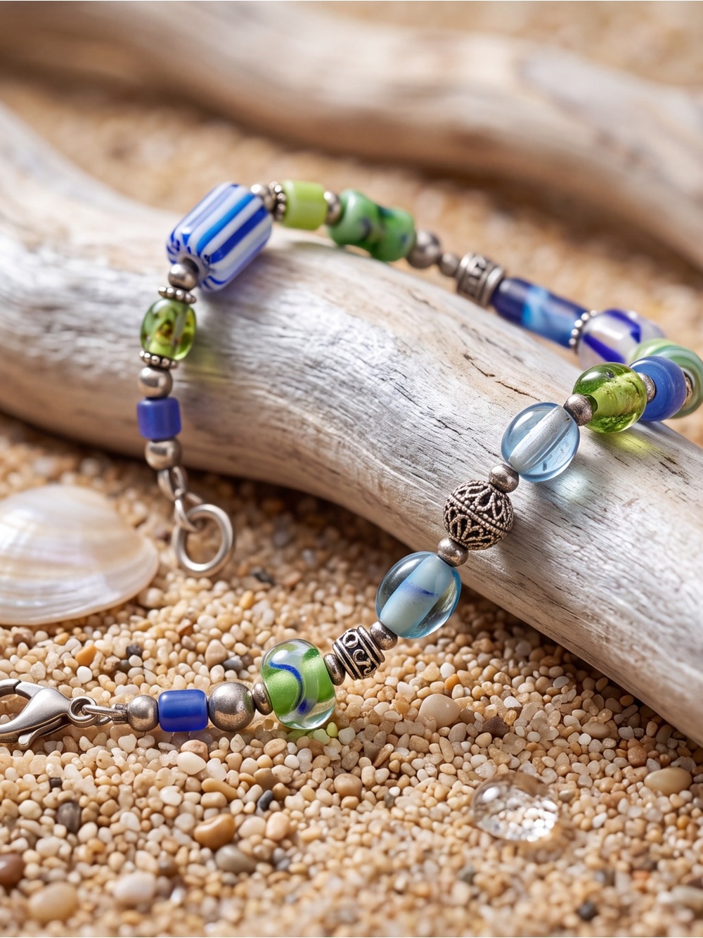Bohemian Artisan Crafted Blue and Green Glass Bead Bracelet with Silver Accents